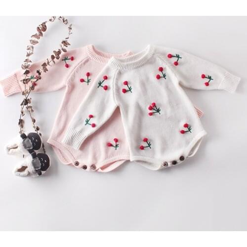 Newborn Baby Knitted Clothes Girls Winter Rompers Cherry Embroidery Princess Wool Playsuits Birthday Party Bodysuit Photo Props