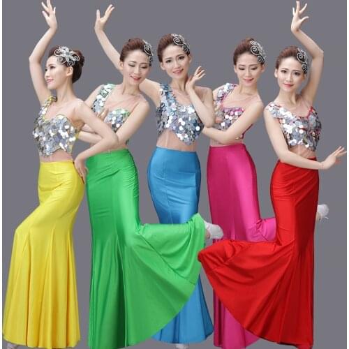 Chinese Folk Dance Minority Costumes Dai Dance Costumes Thailand Peacock Dance National Dance Costume Sequined Fishtail Skirt