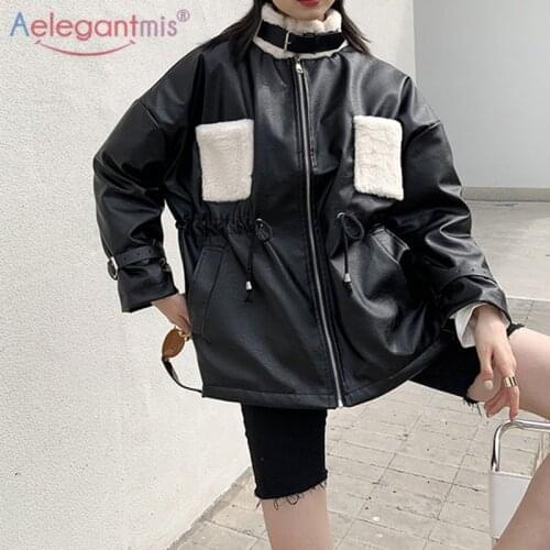 Aelegantmis Drawstring Waist Oversized Pu Leather Jacket Women Streetwear Pocket Loose Cool Female Moto Jacket Coat Warm Tops