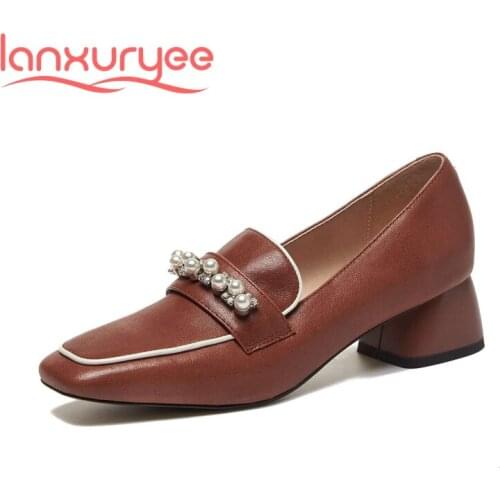 Lanxuryee full grain leather high quality square toe med heel pearl rhinestone preppy style young lady leisure women pumps L70
