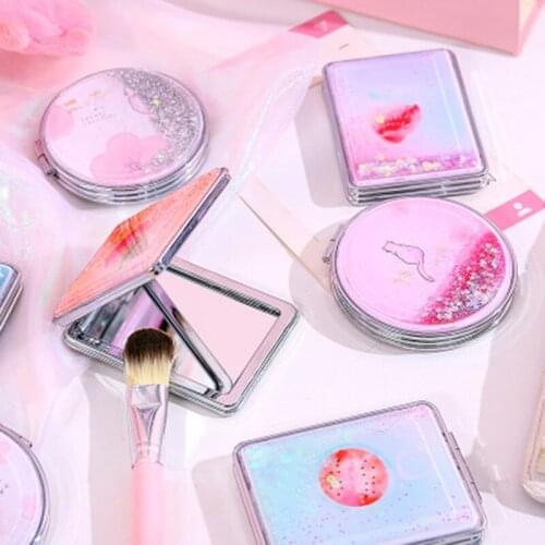 Mini Makeup Mirror Compact Pocket Mirror With Flowing Sparkling Sand Portable Double-Sided Folding Cosmetic Mirror Female Gifts