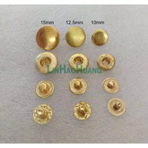 Wholesale 100sets/lot 10mm 12.5mm 15mm four part brass metal button spring snap button snap fasteners light gold 2017101802