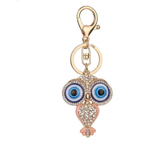 Wholesale Blue rhinestone bead Evil funny Eye Owl bird Key Ring Charm keychain jewelry