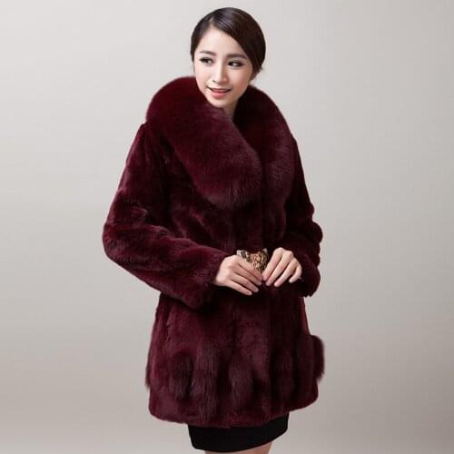Natural Rex Rabbit Fur Coat Luxury Womens Jacket With Real Fox Fur Collar Coats Winter Warm Outwear Plus Size 5XL YQ823