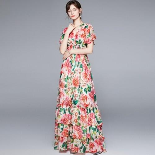 Summer Boho Maxi Dress Women Runway V-Neck Elastic Waist Ruffles Floral Print Chiffon Long Party Dress k8868