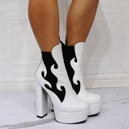 SEIIHEM Women Ankle Platform Boots Pull On Thick Heels Short Booties Faux Leather Ladies Shoes Woman Botas Plus Size 41 42 47