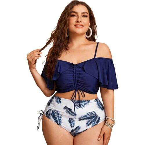 Sexy Ruffled Bikini Plus Size XL-4XL Printed Drawstring Swimwear 2021 Women 2 Piece Suit Summer Push Up Mini Swimsuit Beachwear