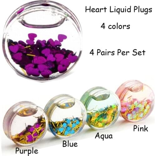 Showlove-4 pairs mixed color Heart Glitter Liquids Ear Plug Tunnels Gauge Kit Piercing , Double Flared Expander