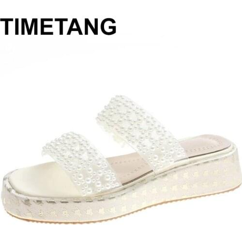 TIMETANG Luxury Designer Women Pearl Sandals Transparent Band British Style Elegant Party Shoes Slippers Wedges Platform Sandals