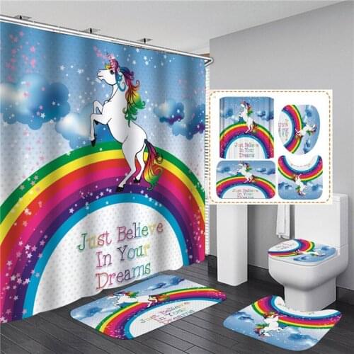 Cute Unicorn Shower Curtain Set With Rainbow Print Waterproof Bathroom Curtains Soft Bath Mat Toilet Cover Anti-slip Rug Carpet