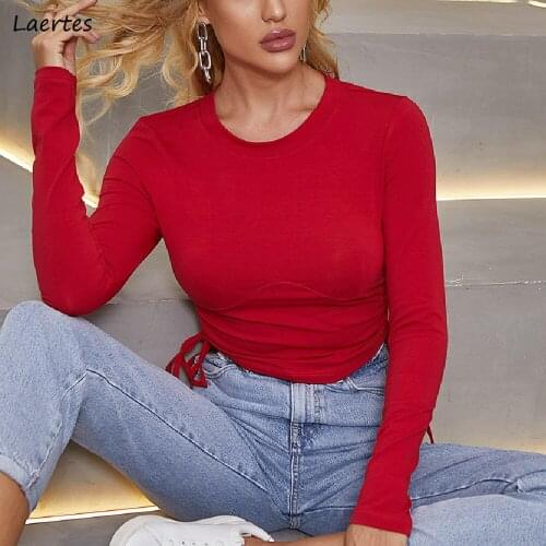Laertes 2021 Autumn For Women T Shirt O Neck Long Sleeve Patchwork Drawstring Lace Up Silm Red Khaki Short Top Clothing