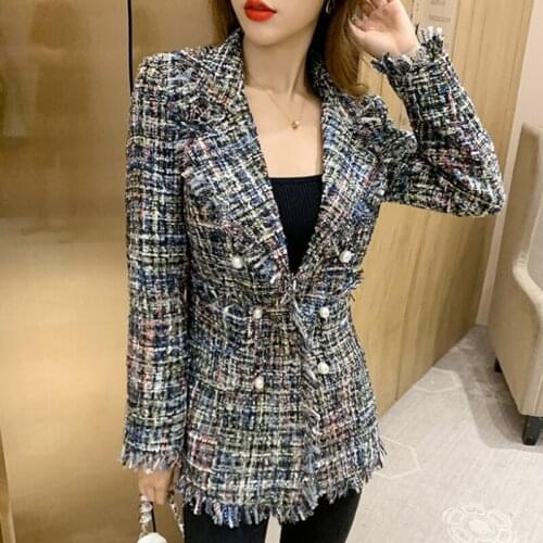 Autumn Winter Luxury Runway Tweed Jacket Vintage Women Turn-Down Collar Double-Breasted Long Sleeve Tassels Trims Outwear