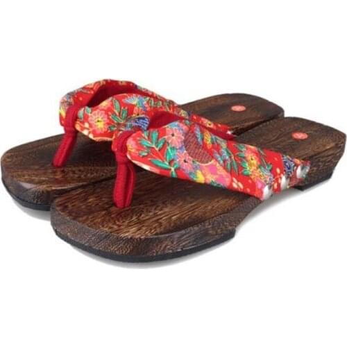 Womens Flip Flops Wooden Slippers Japanese Traditional Kimono Clogs Shoes Womens Flat Heel Clogs Flip-foot Clogs
