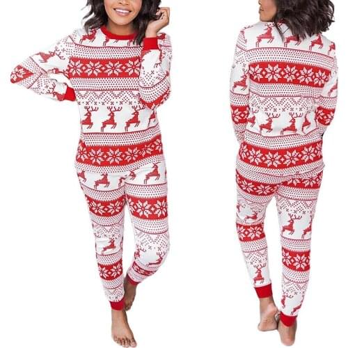 Womens New Christmas Home Wear Round Neck Long Sleeve Tops High Waist Trousers Snowflake Fawn Printed Casual Loose Pajamas Suit