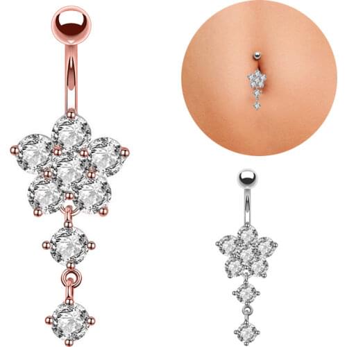 Woman Belly Button Piercing Long Dangled Shinny Crystal Piercings Flower Navel Rings Female Accessories Women Sexy Body Jewelry