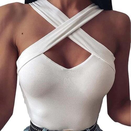 Women Strappy Cross Crop Top Over Front Cut Out Halter Neck Sleeveless Backless Bandage Vest Summer Sexy Tops Clothes crop top
