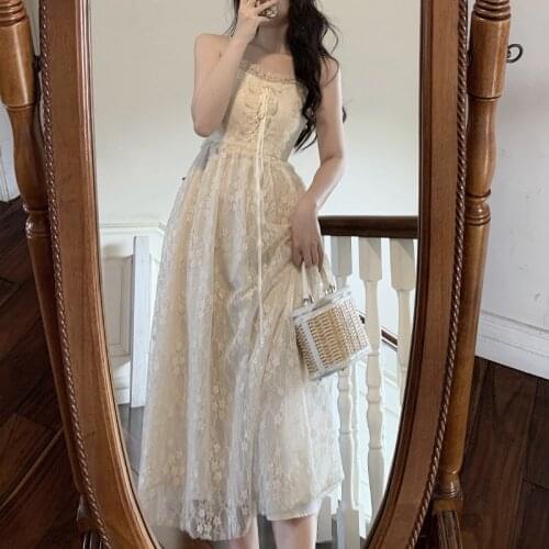 Lace Fairy Spaghetti Strap Dress Women Ruffled Midi Design Elegant Vintage Dress Summer Sexy Korean Party Dresses for Women 2021