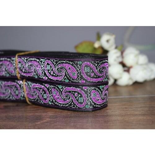 10yards/lots Woven Jacquard Ribbon 2.4cm black background purple paisley pattern LS-3485