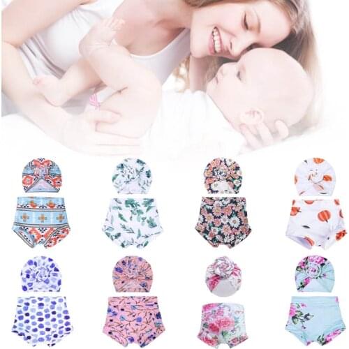2 Pcs Baby Summer Print Shorts Turban Hat Set Short Pants Head Wrap Knotted Beanie Kit for Newborn Infants Shower Gifts