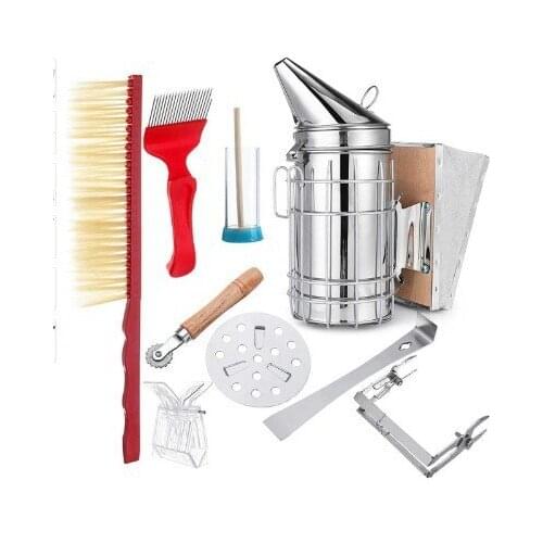 Stainless Steel Beekeeping Bee Hive Smoker Kit Heat Shield Protection Scraper Equipment Tools Set Apiculture Accessories 8 in 1