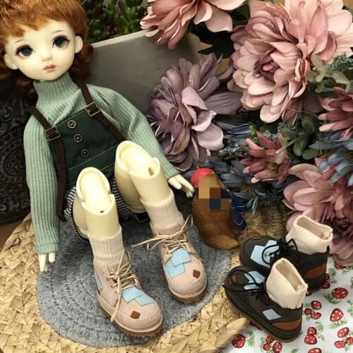 BJD Doll Shoes fit in 1/6 size fashion lace-up round top high top shoes with vintage patched boots and mi dark grey shoes