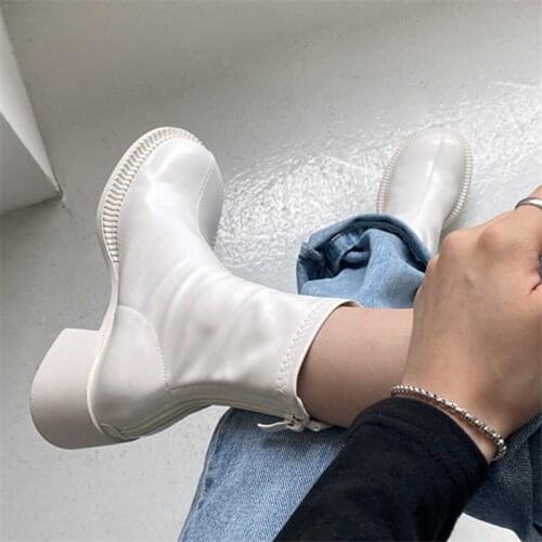 Fashion White Women Ankle Boots Chunky High Heel Elastic Sock Boot Female Round Toe Slim Fit Boots Autumn Botas Mujer Dress Shoe