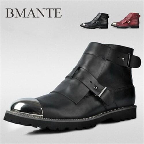 Bmante Genuine Leather Men Shoes Iron Toe Buckle Hasp Flats Ankle Adult Male Casual Sneaker Trainers Chelsea Boots High Street