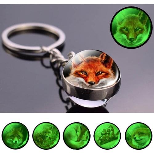 Fox Keychain Glass Ball Pendant Red Fox Stuff Key Rings Animal Key Chain Luminous Ball Jewelry Men Women Fashion Gifts Wholesale