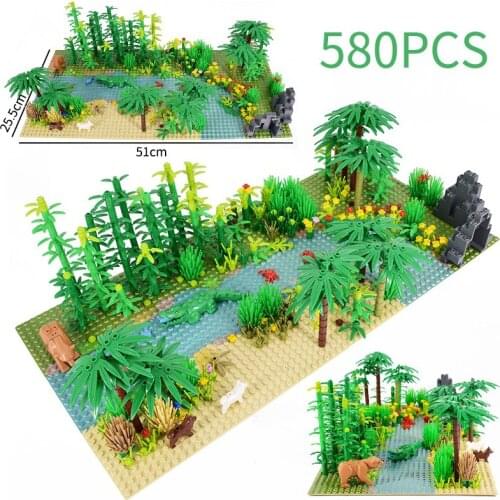 MOC Rainforest Parts Building Blocks Jurassic Dinosaurs Animal Green Grass Jungle Bush Flower Tree Plants Brick Toys For Kid
