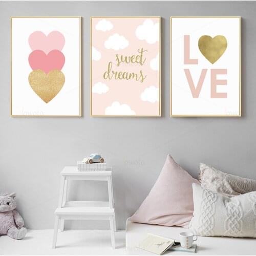 Baby Nursery Blush Pink Canvas Painting for Girl Bedroom Nordic Wall Art Poster Gold Heart Love Print Decoration Picture Decor