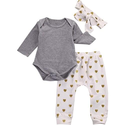 2Pcs Baby Infant Newborn Girls Cotton Cute Sets Girls Long Sleeve Solid Romper Heart Print Pants Headband Boys Baby Outfit 0-18M