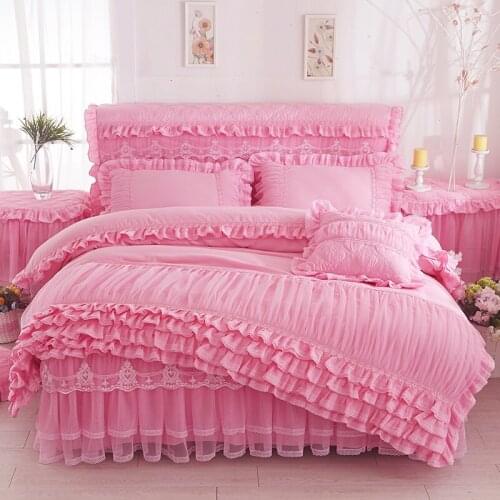 Korean Style Bedding set King Queen Size 4pcs Solid Princess Bed Set Pink Lace Embroidered Duvet cover Bed sheet Pilliwcases
