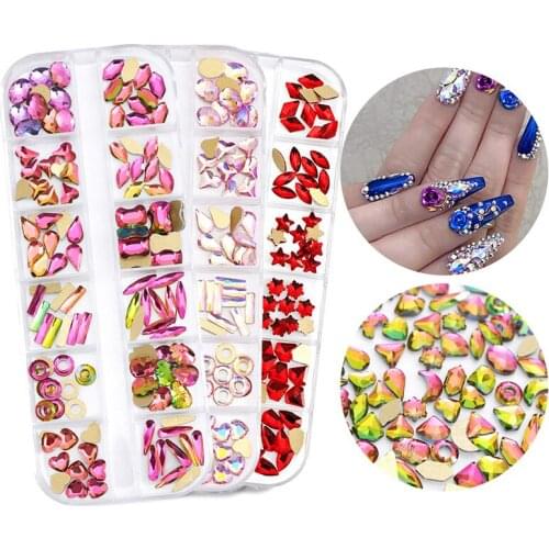 Colorful Nail Art Decorations 3D Charms Shaped Rhinestone DIY Crystal Glass Flat Bottom Nail Sequin 24cells/Box Nail Art Tools