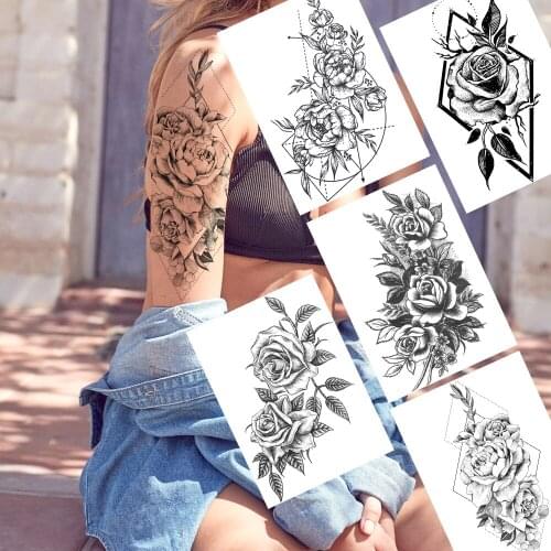 Creative Flower Temporary Tattoos Sticker Realistic Fake Black Poeny Rose Tattoos For Adult Sexy Body Art Painting Arm Tattoos