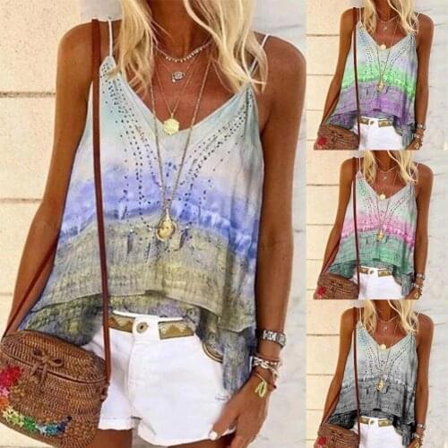 Women Tank Crop Top Boho Sleeveless V Neck Stitched Hem Gradient Color Blouse Top Camisole Female Sexy Top
