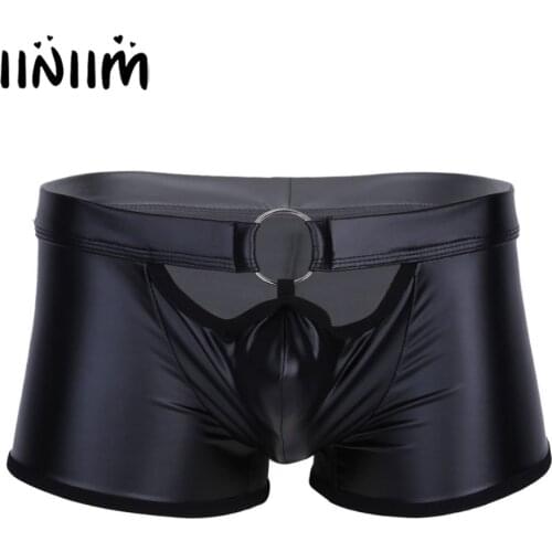 Fashion Men Lingerie Faux Leather Boxer Shorts Elastic Open Legs Jockstraps Underwear Underpants with O-Ring Gay Sexy Panties