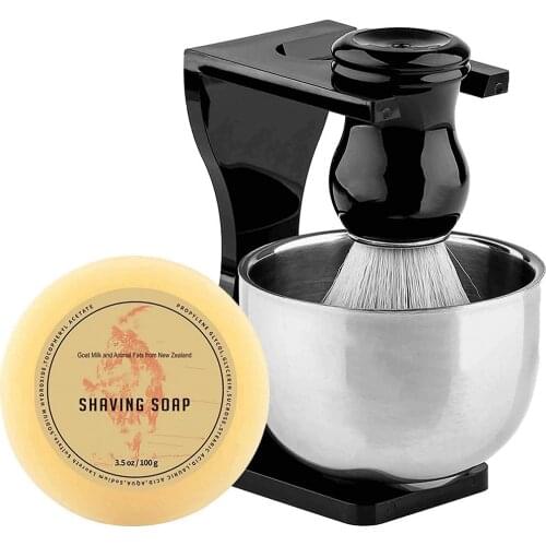 Faux Badger Shaving Brush Set with Milk Shaving Soap,Stainless Steel Bowl,Black Acrylic Stand Holer for Razor Men Shave Kit