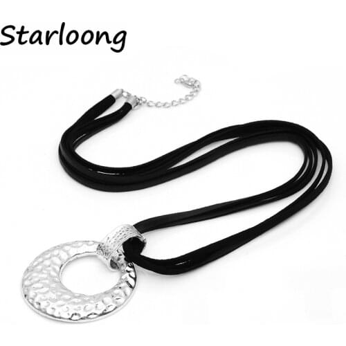 New Latest Vintage Jewelry Zinc Alloy Round and Irregular Circle Pendant Rhinestone Genuine Leather Chain Necklace Women Men