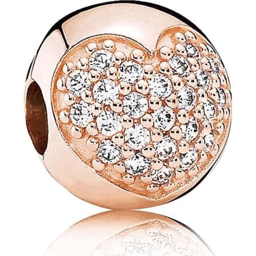 Original Rose Pave Crystal Love Heart Clip Lock Stopper Beads Fit 925 Sterling Silver Bead Charm Bracelet DIY Jewelry