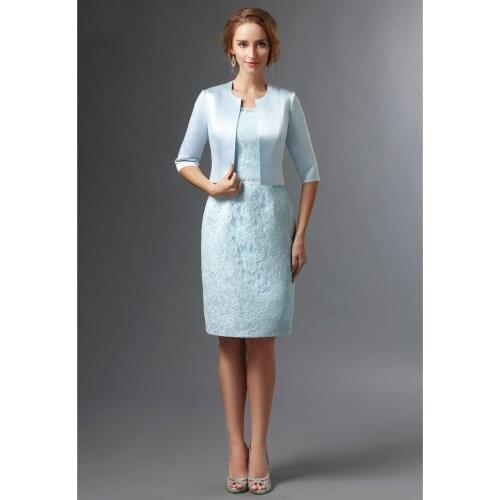 Vestido De Madrinha Mother of the Bride Dresses Sheath Knee Length 2 Pieces Lace with Jacket Groom Mother Dresses Wedding