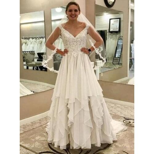 Simple A Line Chiffon Wedding Dresses Back Hollow Ruffles Tiered Skirts Wedding Dresses Lace Appliques Plus Size Bridal Gowns