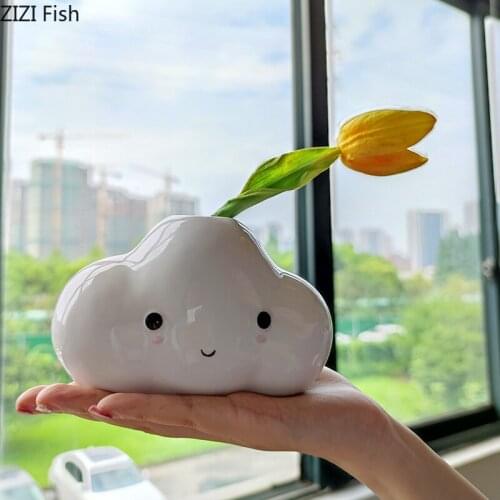 Nordic Abstract White Cloud Ceramic Vase Children Room Decoration Cartoon Cute Flower Vase Hydroponic Desktop Crafts Decoration