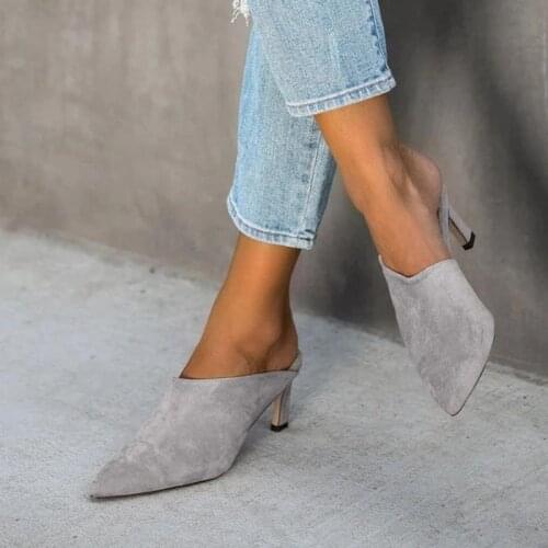 Women Simple Solid Color Pointed Toe High Heel Mule Slippers Large Size 43 Women Slides