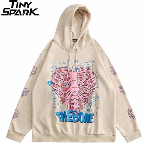 Hip Hop Streetwear Hoodie Harajuku Sweatshirt Letter Skeleton Print Pullover 2021 Men Autumn Cotton Loose Hooded Hoodie Khaki