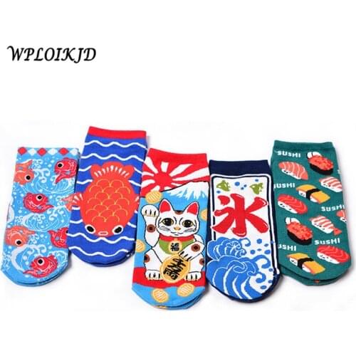 [WPLOIKJD]Japan Fashion Womens Cartoon Socks Creative Printing Cat Fish Sushi Pattern Art Funny Socks Harajuku Cute Socks Meia