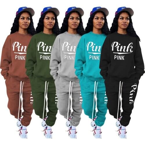 Pink Letter Print Brushed Warm Tshirts Tops & Stacked Sweatpants Joggers Women Two Piece Outfits Winter Undefined Tracksuit