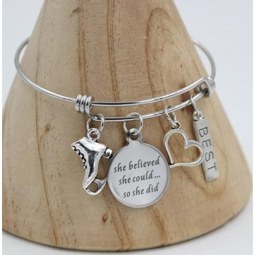 10PCS Wholesale Stainless Steel Bangle Ice Skate charms bracelet Expandable Bracelet&Bangle for women Ice Skater gifts