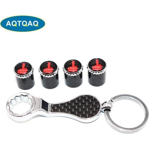 5Pcs/Set Middle Finger Style Emblem Auto Car Wheel Tire Air Valve Caps With Wrench Keychain Carbon Fiber + Copper Stem Dust Cove