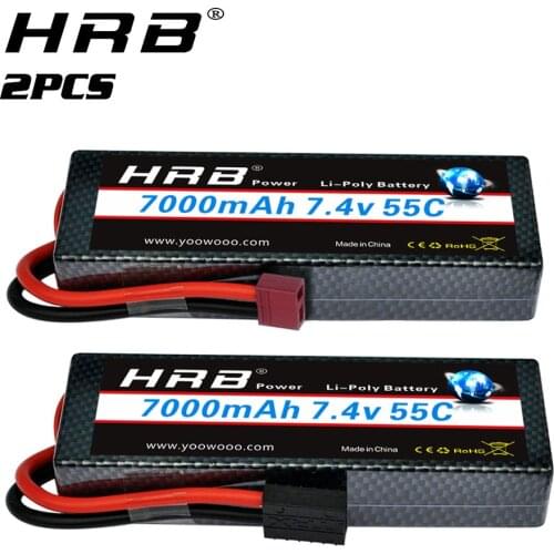 2packs HRB 2S Lipo Battery 7.4V 7000mah Hard case Car battery with Deans plug 55C for 1/12 1/10 Trex Car truck Monster racing