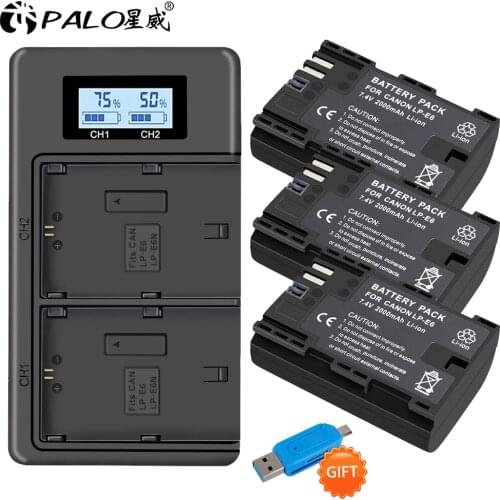 3 piece LP E6 LPE6 LP-E6 E6N Battery 2000mAh + USB Charger for Canon EOS 5DS R 5D Mark II 5D Mark III 6D 7D 80D EOS 5DS R Camera